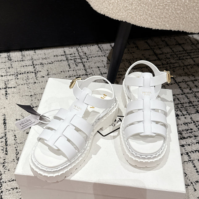 PRADA 25S FISHERMAN OPEN TOE SANDALS IN WHITE CALFSKIN
