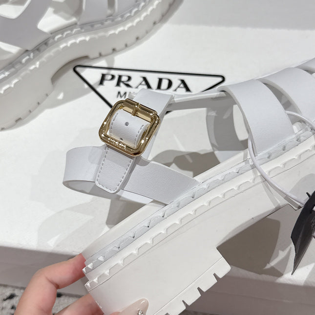 PRADA 25S FISHERMAN OPEN TOE SANDALS IN WHITE CALFSKIN