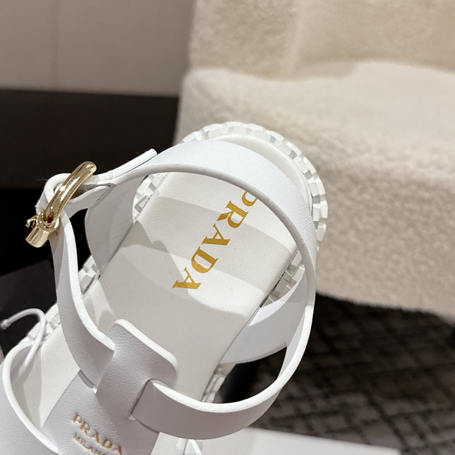 PRADA 25S FISHERMAN OPEN TOE SANDALS IN WHITE CALFSKIN