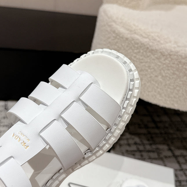 PRADA 25S FISHERMAN OPEN TOE SANDALS IN WHITE CALFSKIN