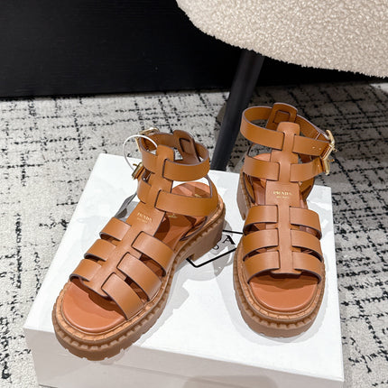 PRADA 25S HIGH TOP OPEN TOE FISHERMAN SANDALS IN BURNT ORANGE CALFSKIN