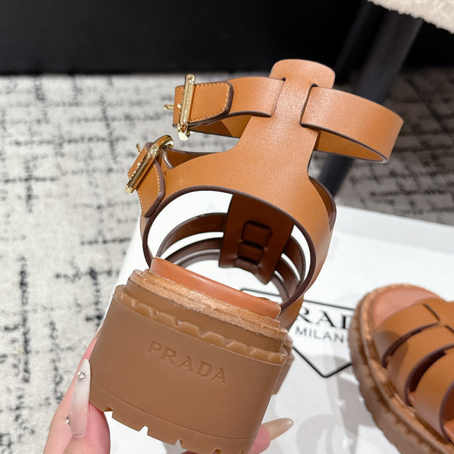 PRADA 25S HIGH TOP OPEN TOE FISHERMAN SANDALS IN BURNT ORANGE CALFSKIN
