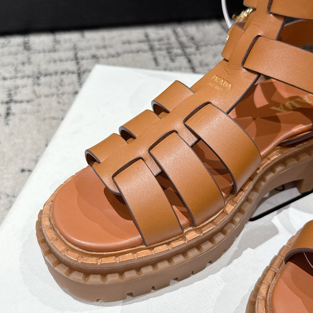 PRADA 25S HIGH TOP OPEN TOE FISHERMAN SANDALS IN BURNT ORANGE CALFSKIN