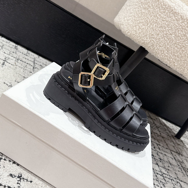 PRADA 25S HIGH TOP OPEN TOE FISHERMAN SANDALS IN BLACK CALFSKIN