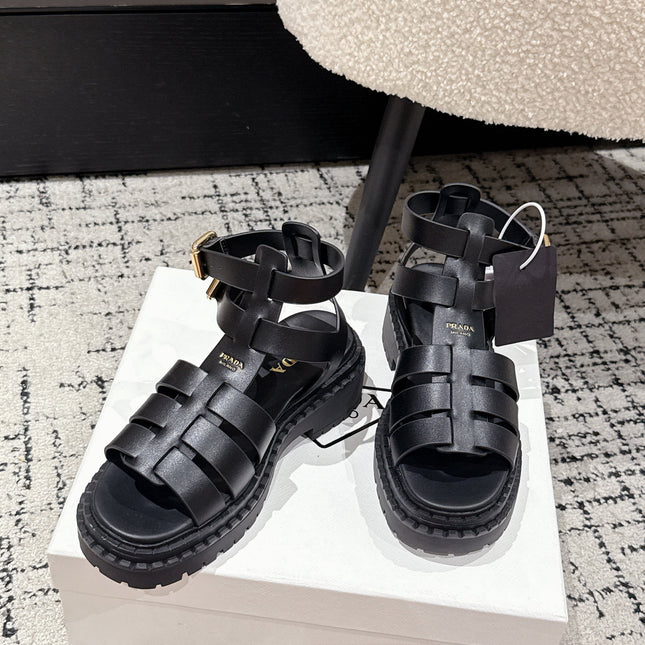 PRADA 25S HIGH TOP OPEN TOE FISHERMAN SANDALS IN BLACK CALFSKIN