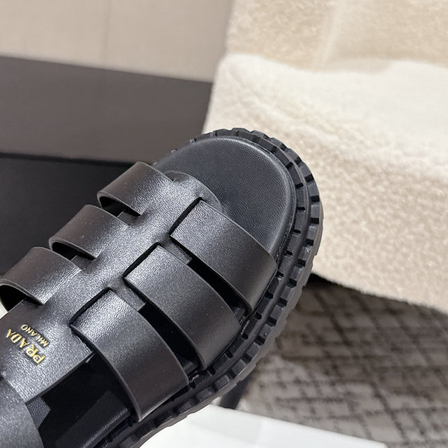 PRADA 25S HIGH TOP OPEN TOE FISHERMAN SANDALS IN BLACK CALFSKIN