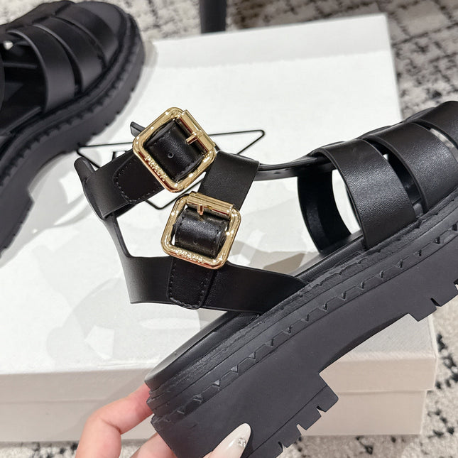 PRADA 25S HIGH TOP OPEN TOE FISHERMAN SANDALS IN BLACK CALFSKIN