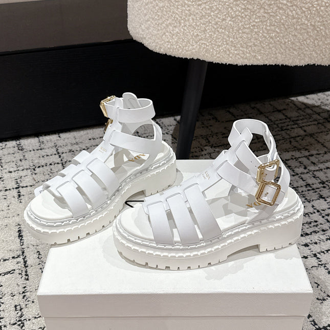 PRADA 25S HIGH TOP OPEN TOE FISHERMAN SANDALS IN WHITE CALFSKIN