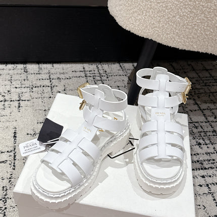 PRADA 25S HIGH TOP OPEN TOE FISHERMAN SANDALS IN WHITE CALFSKIN