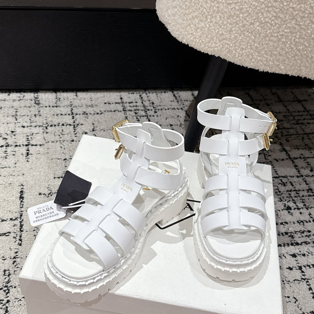 PRADA 25S HIGH TOP OPEN TOE FISHERMAN SANDALS IN WHITE CALFSKIN