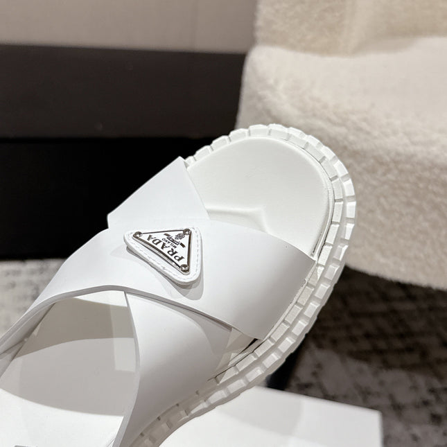 PRADA 25S CRISSCROSS SANDALS IN WHITE CALFSKIN LOGO