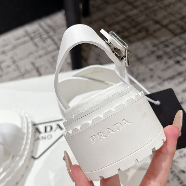 PRADA 25S CRISSCROSS SANDALS IN WHITE CALFSKIN LOGO