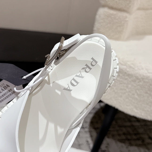 PRADA 25S CRISSCROSS SANDALS IN WHITE CALFSKIN LOGO