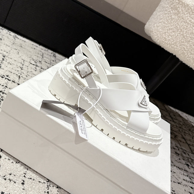PRADA 25S CRISSCROSS SANDALS IN WHITE CALFSKIN LOGO