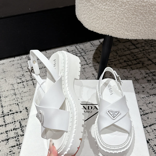 PRADA 25S CRISSCROSS SANDALS IN WHITE CALFSKIN LOGO