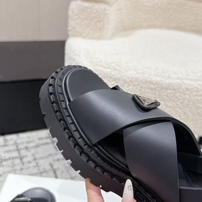 PRADA 25S CRISSCROSS SANDALS IN BLACK CALFSKIN LOGO