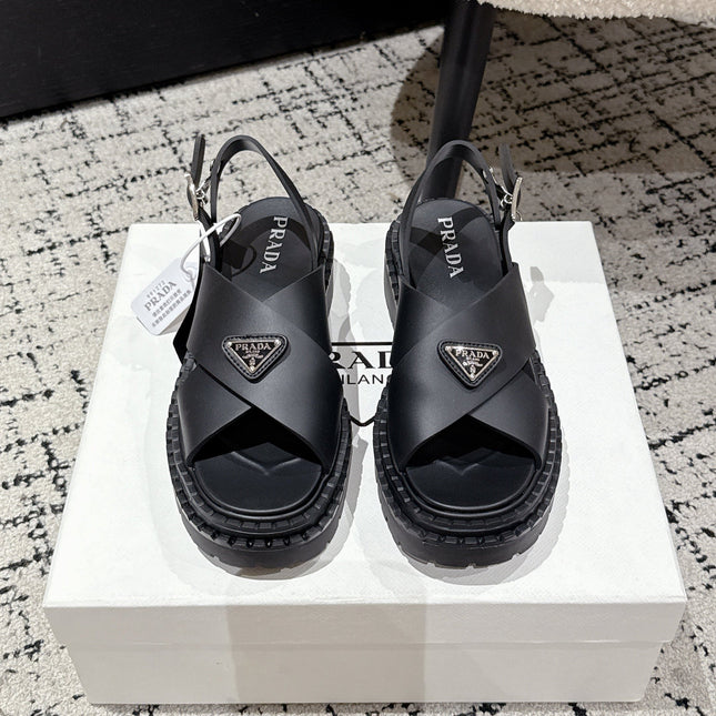 PRADA 25S CRISSCROSS SANDALS IN BLACK CALFSKIN LOGO