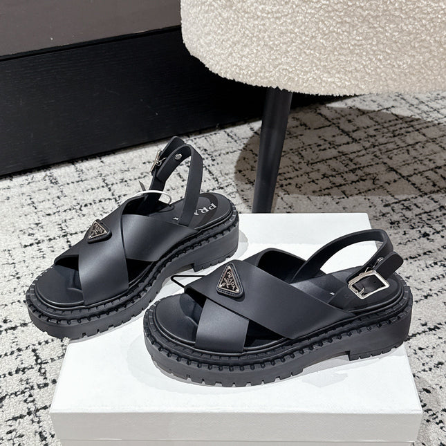PRADA 25S CRISSCROSS SANDALS IN BLACK CALFSKIN LOGO
