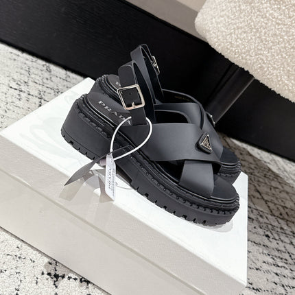 PRADA 25S CRISSCROSS SANDALS IN BLACK CALFSKIN LOGO
