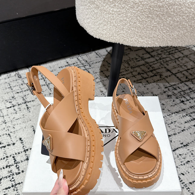 PRADA 25S CRISSCROSS SANDALS IN BURNT ORANGE CALFSKIN LOGO