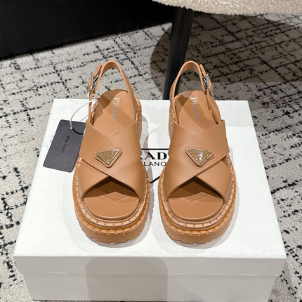 PRADA 25S CRISSCROSS SANDALS IN BURNT ORANGE CALFSKIN LOGO