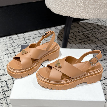 PRADA 25S CRISSCROSS SANDALS IN BURNT ORANGE CALFSKIN LOGO