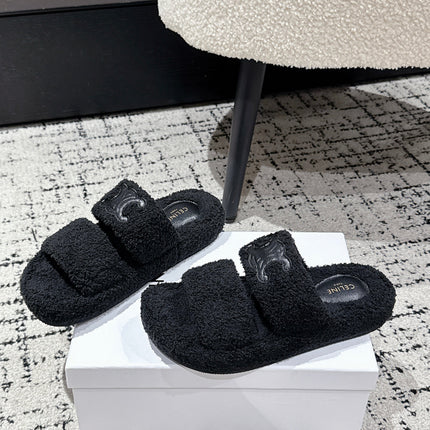 CELINE 25S SLIDES TRIOMPHE IN BLACK SPONGE FABRIC