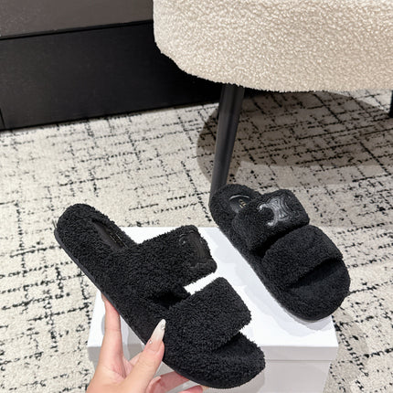 CELINE 25S SLIDES TRIOMPHE IN BLACK SPONGE FABRIC