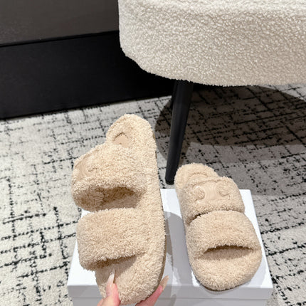 CELINE 25S SLIDES TRIOMPHE IN BIEGE SPONGE FABRIC