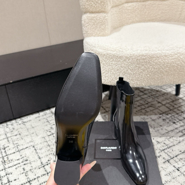 YSL 25S HEELED ANKLE BOOTS 70 MM IN BLACK SHINY LAMBSKIN