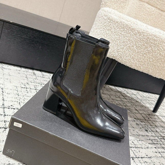 YSL 25S HEELED ANKLE BOOTS 70 MM IN BLACK SHINY LAMBSKIN