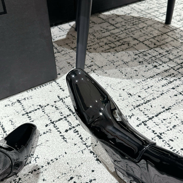 YSL 25S PLATFORM KNEE-HIGH BOOTS 70 MM IN BLACK GLOSSY LAMBSKIN