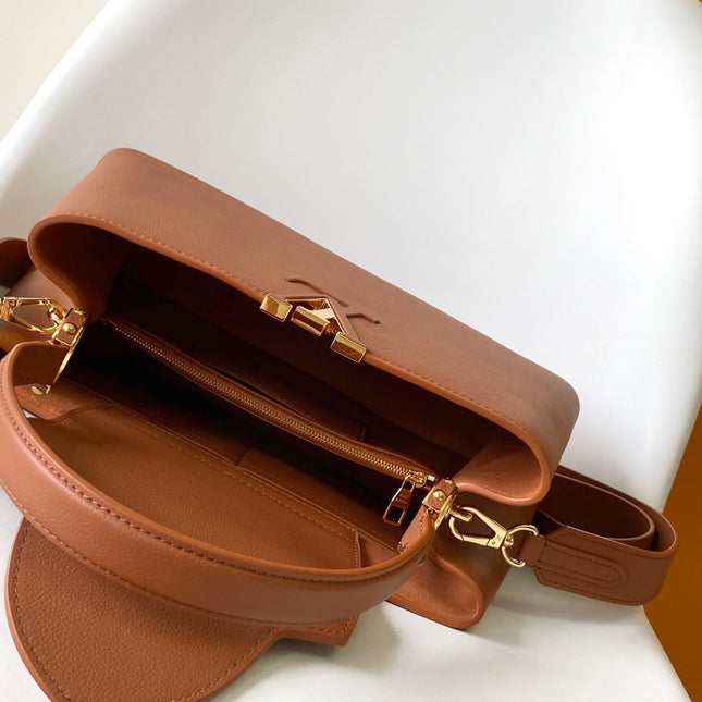 CAPUCINES 33 IN COGNAC CALFSKIN GOLD HARDWARE