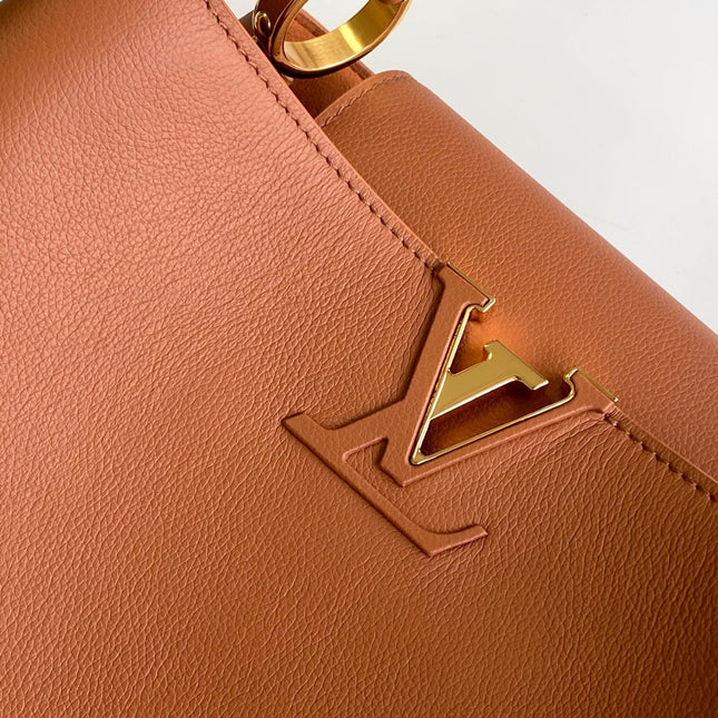 CAPUCINES 33 IN COGNAC CALFSKIN GOLD HARDWARE