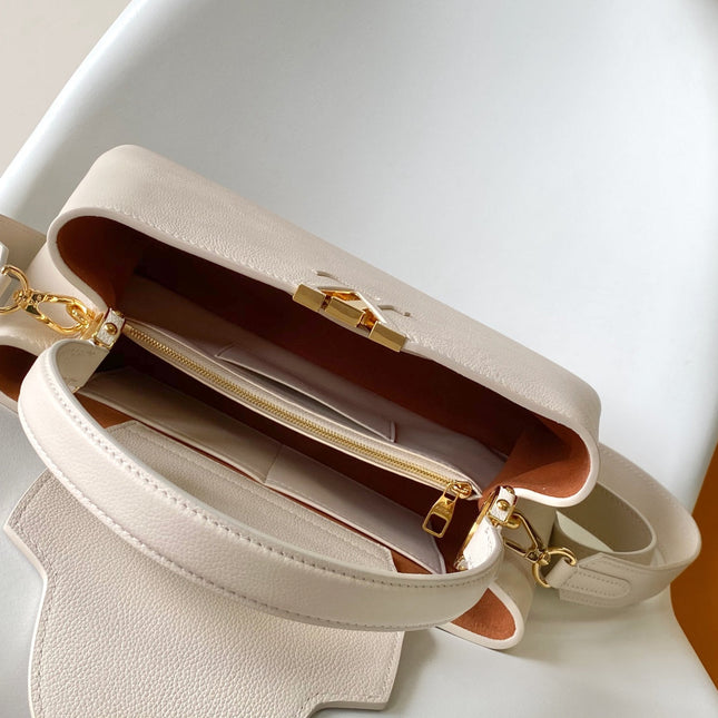 CAPUCINES 33 IN OFF WHITE CALFSKIN GOLD HARDWARE