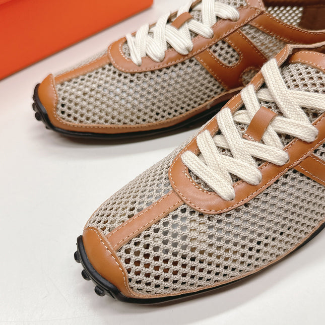 KIGA SNEAKER IN WHITE CROCHET KNIT AND BRONZE BROWN CALFSKIN