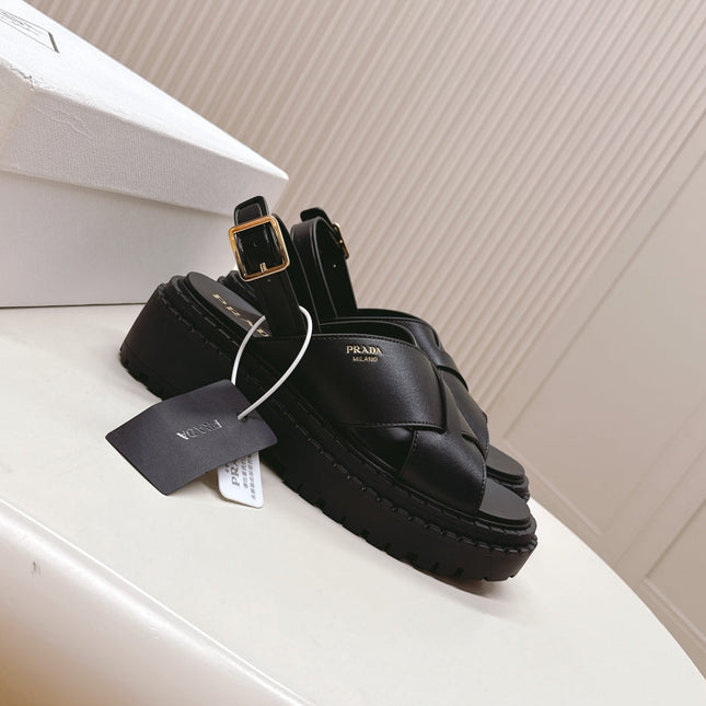 PRADA 25S CRISSCROSS SANDALS IN BLACK CALFSKIN