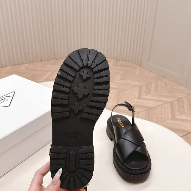 PRADA 25S CRISSCROSS SANDALS IN BLACK CALFSKIN