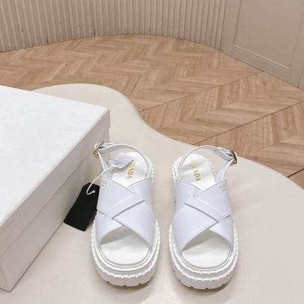 PRADA 25S CRISSCROSS SANDALS IN WHITE CALFSKIN