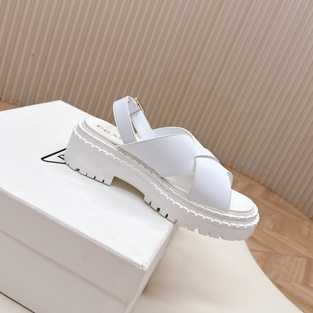 PRADA 25S CRISSCROSS SANDALS IN WHITE CALFSKIN