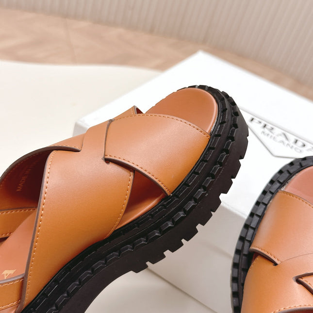 PRADA 25S CRISSCROSS SANDALS IN LIGHT TAN CALFSKIN