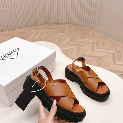 PRADA 25S CRISSCROSS SANDALS IN LIGHT TAN CALFSKIN