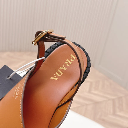 PRADA 25S CRISSCROSS SANDALS IN LIGHT TAN CALFSKIN