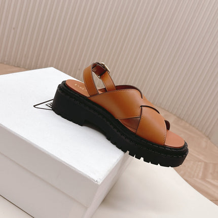 PRADA 25S CRISSCROSS SANDALS IN LIGHT TAN CALFSKIN