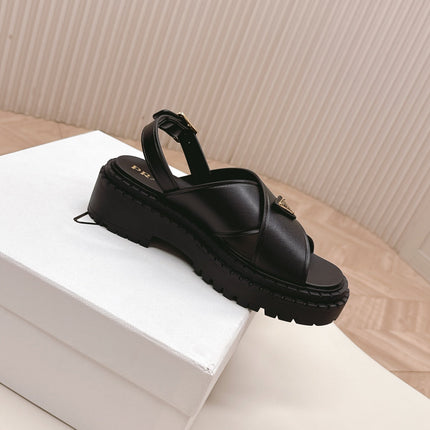 PRADA 25S SANDALS IN BLACK CALFSKIN LOGO GOLD HARDWARE