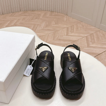 PRADA 25S SANDALS IN BLACK CALFSKIN LOGO GOLD HARDWARE