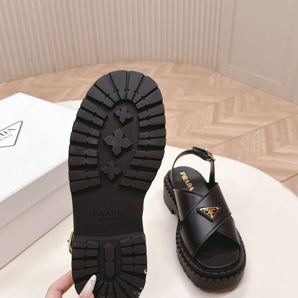 PRADA 25S SANDALS IN BLACK CALFSKIN LOGO GOLD HARDWARE