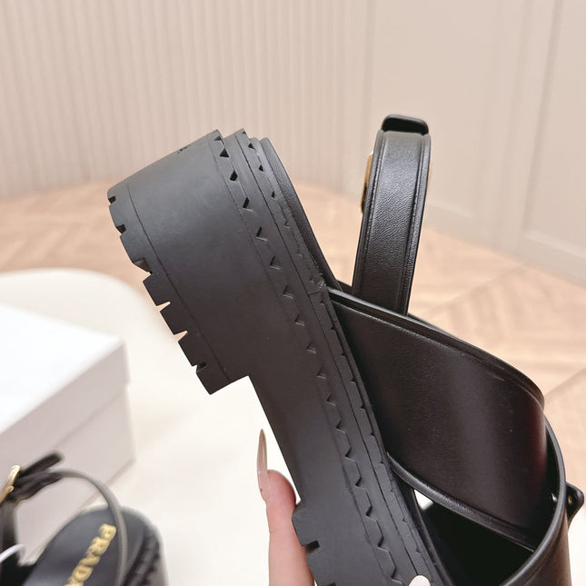 PRADA 25S SANDALS IN BLACK CALFSKIN LOGO GOLD HARDWARE