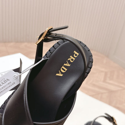 PRADA 25S SANDALS IN BLACK CALFSKIN LOGO GOLD HARDWARE