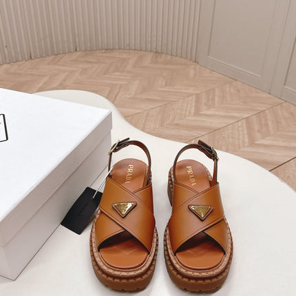 PRADA 25S SANDALS IN LIGHT TAN CALFSKIN LOGO GOLD HARDWARE